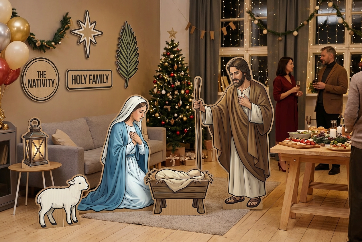 Mary and Joseph, Mary on knees and Joseph standing scene mockup 1