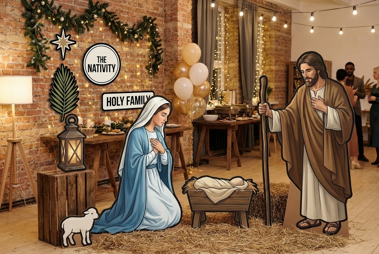 Mary and Joseph, Mary on knees and Joseph standing scene mockup 2