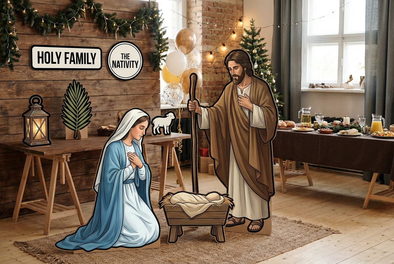 Mary and Joseph, Mary on knees and Joseph standing scene mockup 3