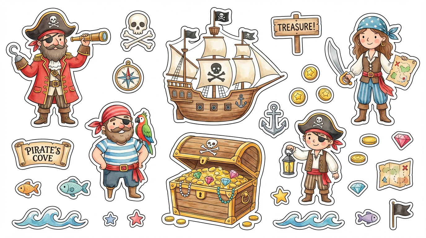 4 pirates, a pirate ship, a chest with gold and a skull and crossbones cutout sheet