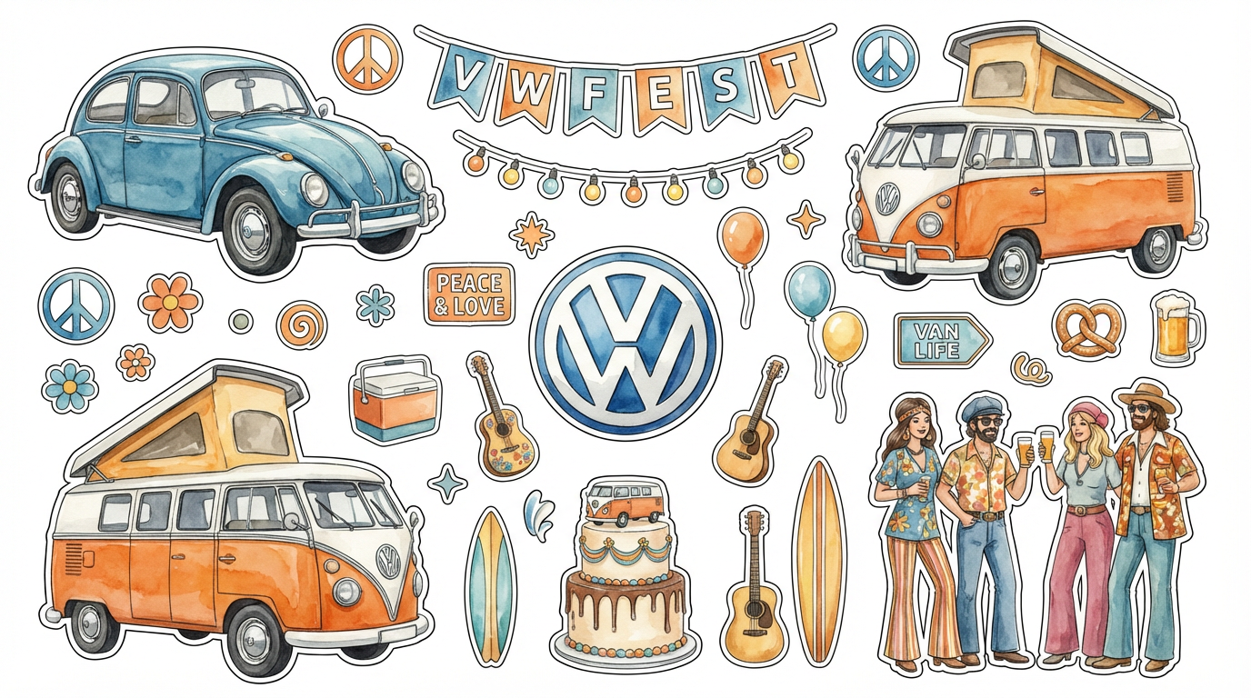 volkswagen themed party with a beetle, camper and logo - Main Artwork