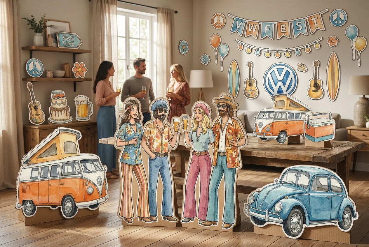 volkswagen themed party with a beetle, camper and logo - Scene 1