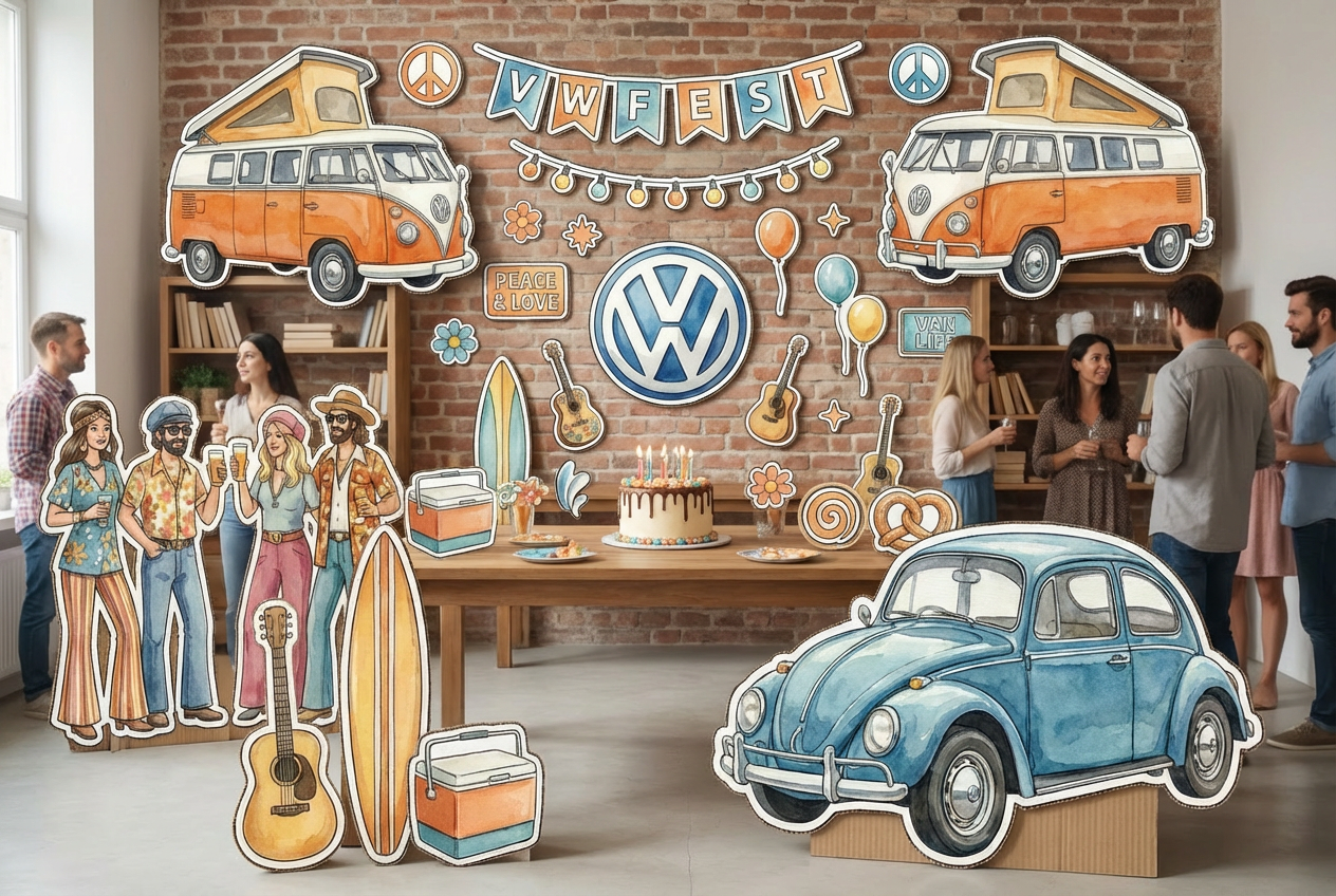 volkswagen themed party with a beetle, camper and logo - Scene 2