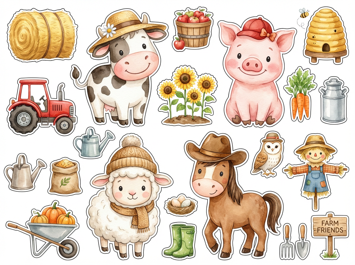 Cute Farm animals with hats on cutout sheet