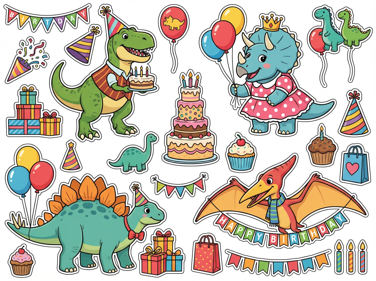 Dinosaurs with cute outfits birthday cutout sheet