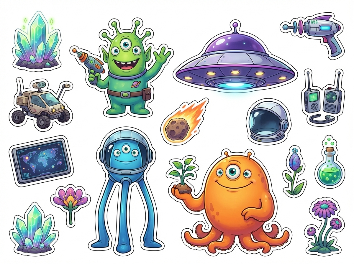 Alien spaceship and aliens cutout sheet