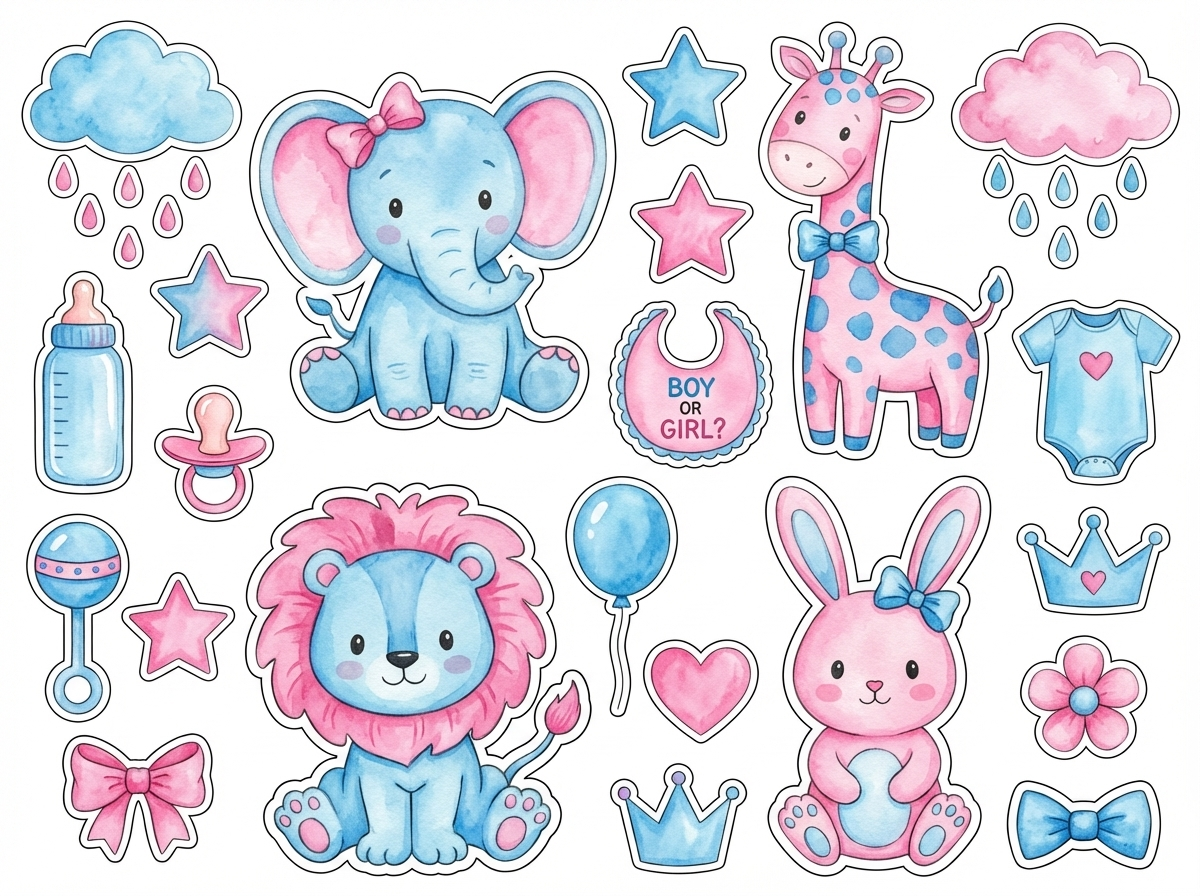 boy or girl gender revea pink and blue animal characters cutout sheet
