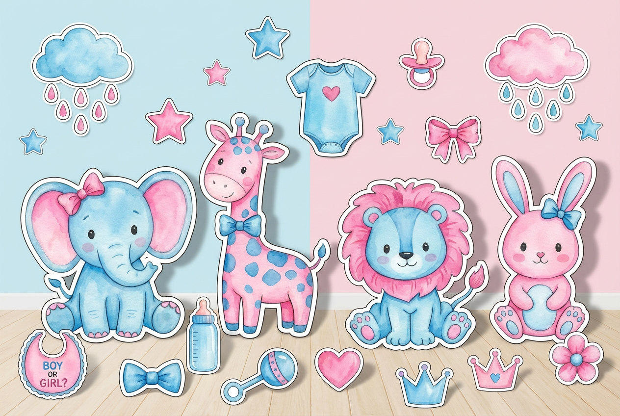 boy or girl gender revea pink and blue animal characters product showcase