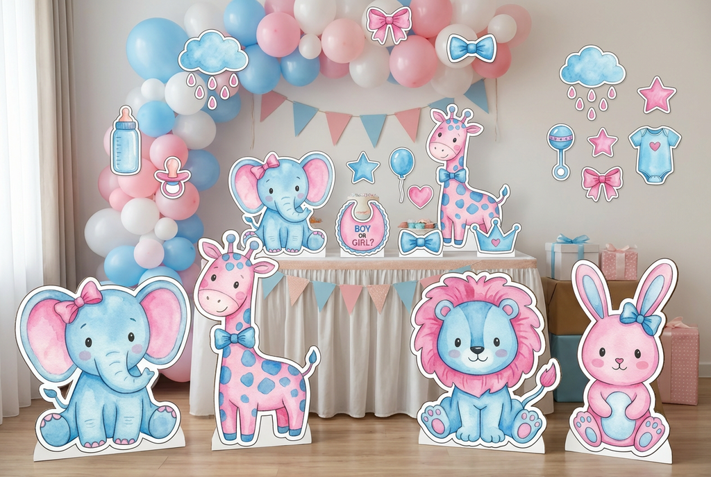 boy or girl gender revea pink and blue animal characters scene mockup 1