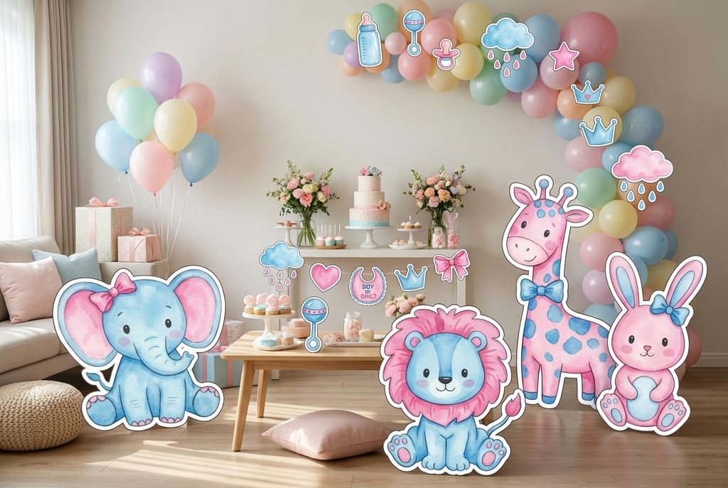 boy or girl gender revea pink and blue animal characters scene mockup 2