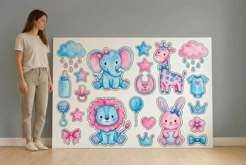 boy or girl gender revea pink and blue animal characters size guide