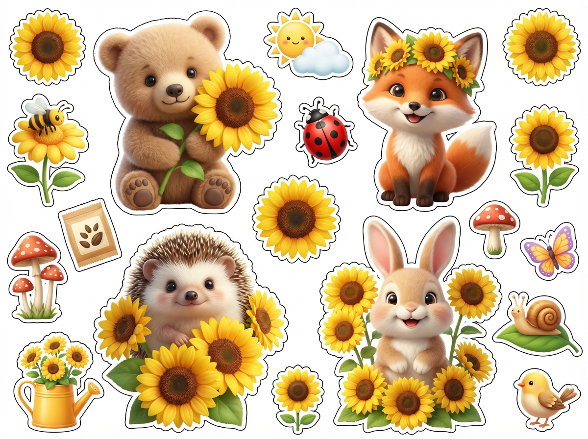 Sun Flowers and Cute Animals cutout sheet