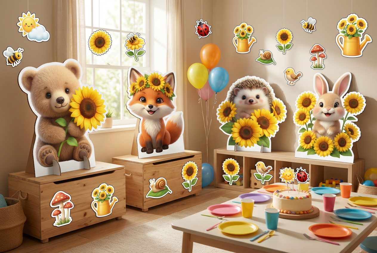 Sun Flowers and Cute Animals scene mockup 1