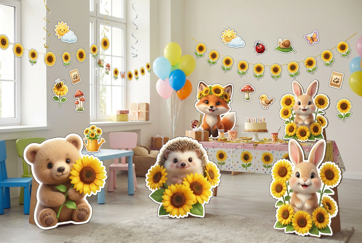 Sun Flowers and Cute Animals scene mockup 2