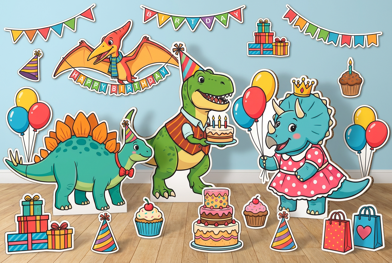 Dinosaurs with cute outfits birthday product showcase