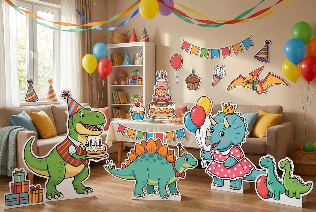 Dinosaurs with cute outfits birthday scene mockup 1