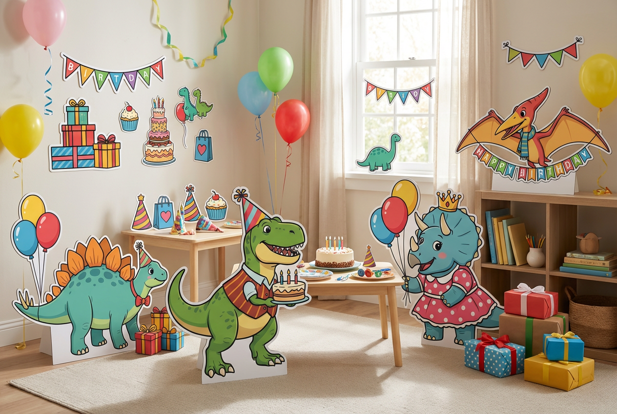 Dinosaurs with cute outfits birthday scene mockup 2