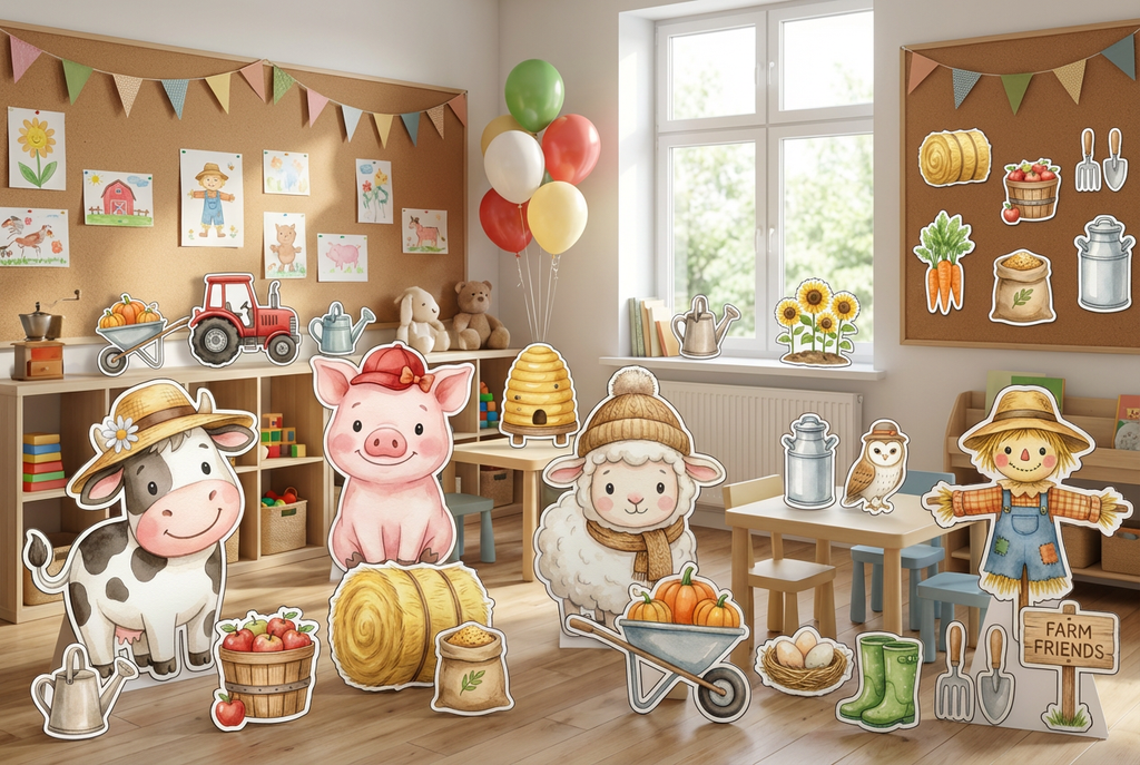 Cute Farm animals with hats on scene mockup 1