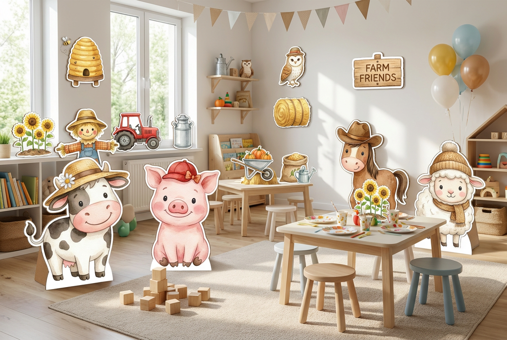 Cute Farm animals with hats on scene mockup 2