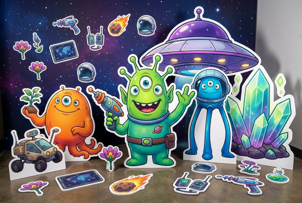 Alien spaceship and aliens product showcase