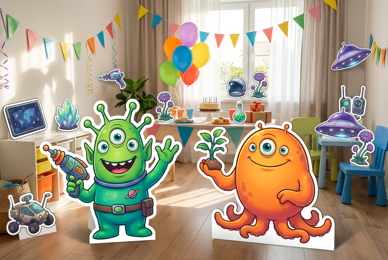 Alien spaceship and aliens scene mockup 1