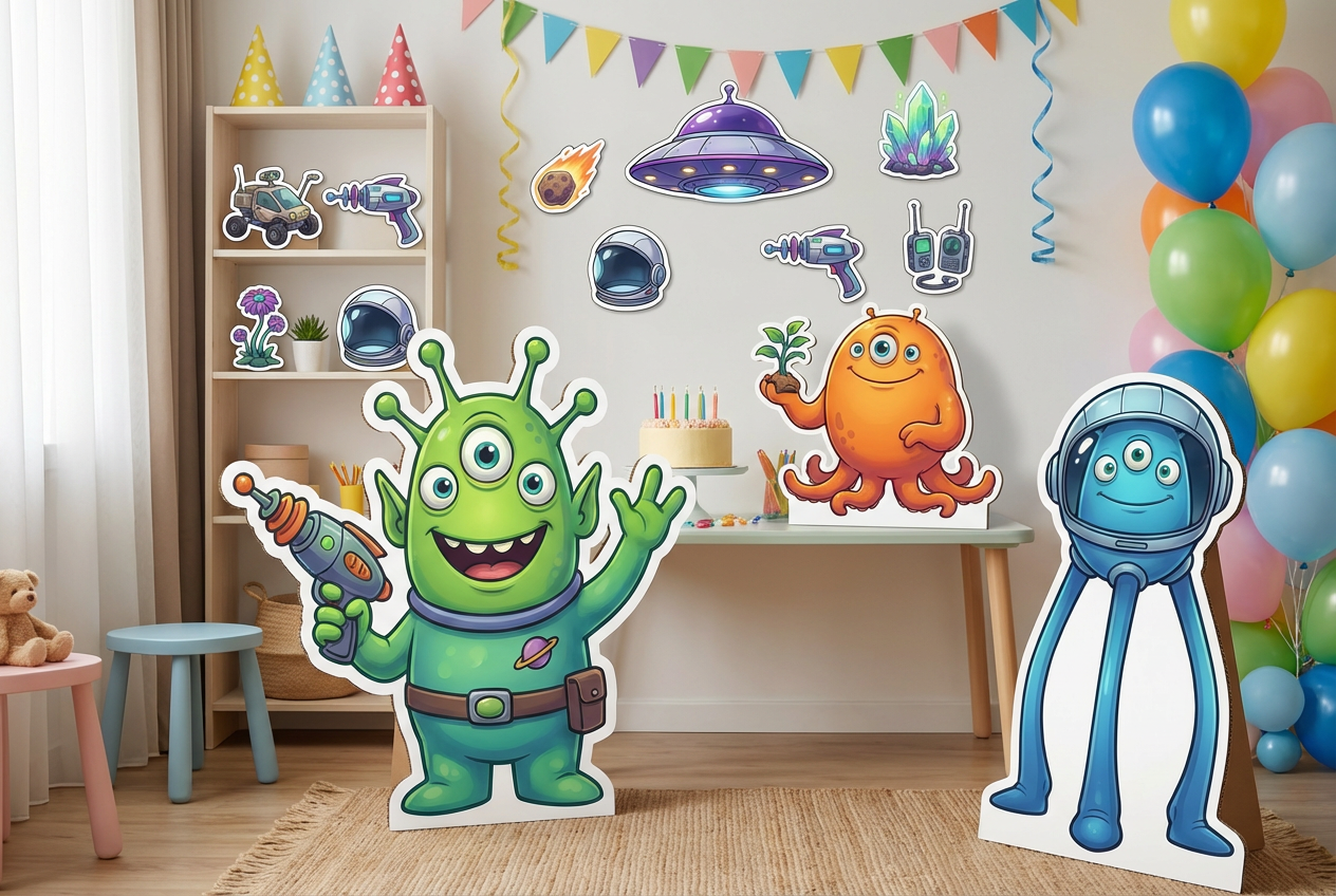 Alien spaceship and aliens scene mockup 2